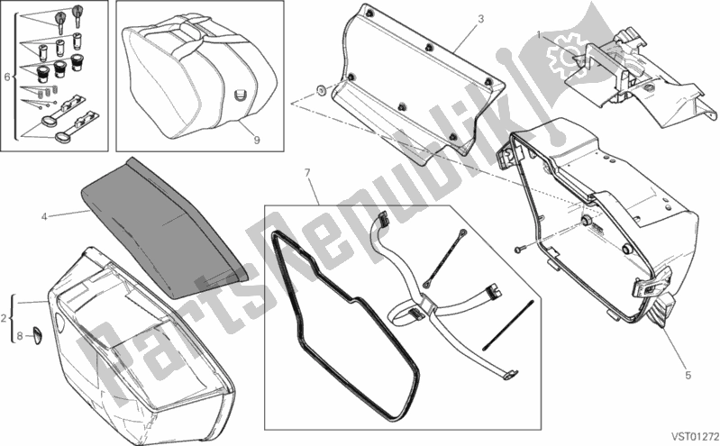 All parts for the Right Pannier of the Ducati Multistrada 1200 S GT USA 2014